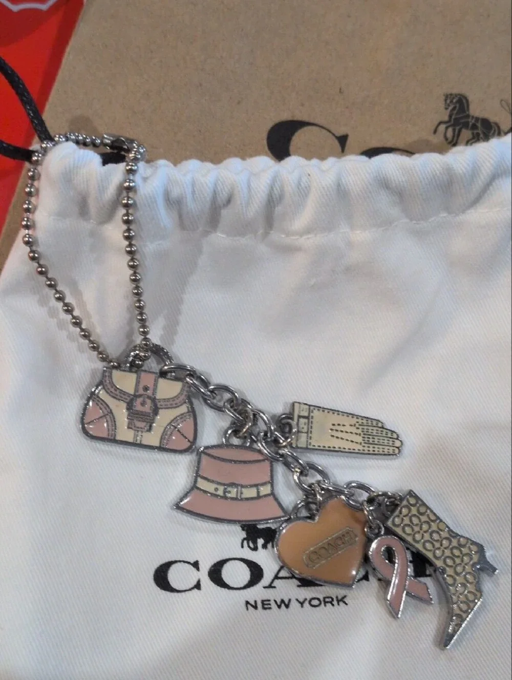 Coach Vintage Pink Breast Cancer Ribbon Multi Charm Keychain Bag Fob Purse Boot